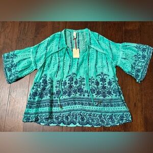 Raga Anthropologie Aqua and Navy Boho Tunic Oversized Size XS NWT MSRP $180